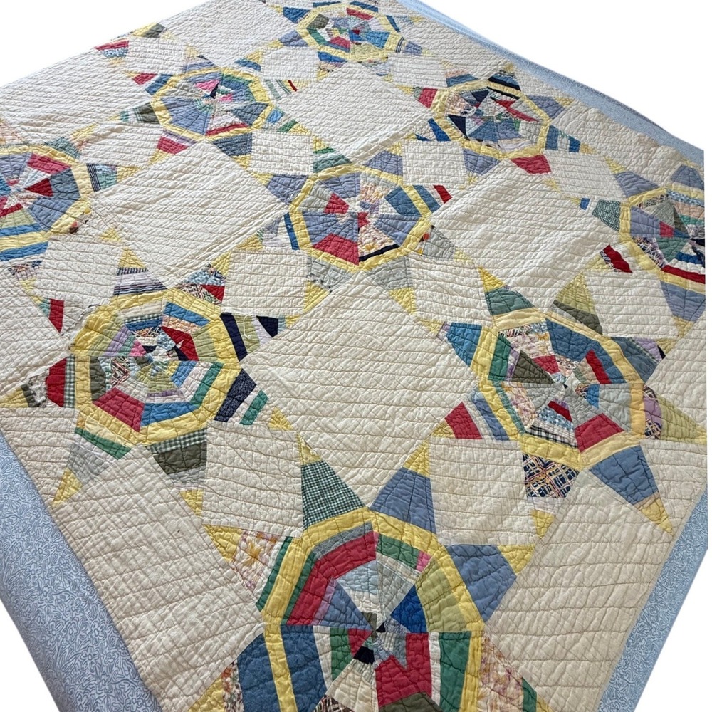 Vintage Handmade Patchwork Quilt Spider Web Wagon Wheel Feed 1930s sack Cotton - Picture 2 of 15